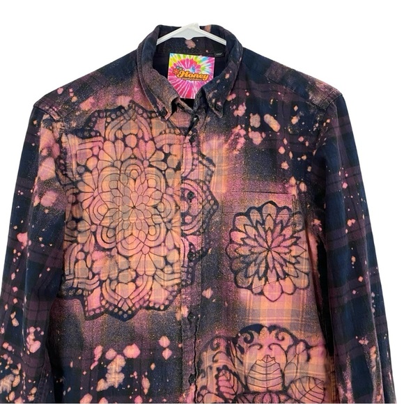 Handmade Flannel Shirt Womens Small Boho Stencil Bleached Upcycled Floral Plaid - Picture 2 of 7